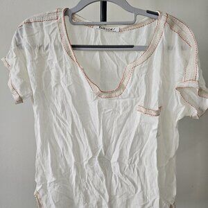 Basil. Blouse. Size L. Color:   White/Off-white with red stitching details.